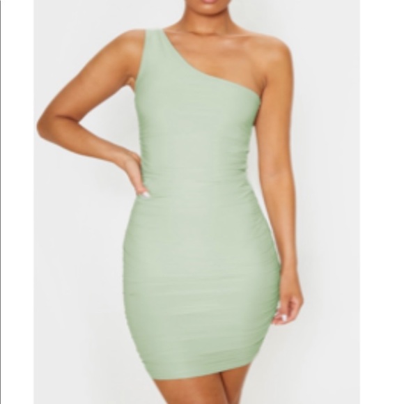 green one shoulder dress pretty little thing Green One Shoulder Cutout Mini Knot Dimmi Dress – SABO main image 0